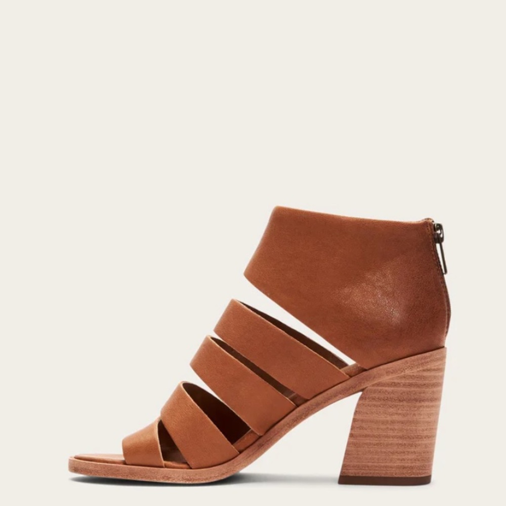 $338 Frye Tash Cognac Real Leather Cut Out Strappy Wood PeepToe Ankle Booties - Picture 3 of 13